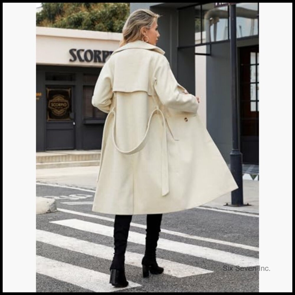 Wool Blend Pea Coat with Belt, Double Breasted Trench Coat - Picture 3 of 7